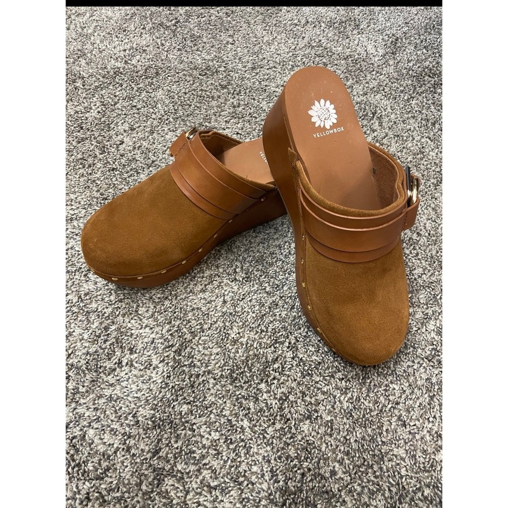 Yellow Box Tan Suede Leather Buckle Platform‎ Clogs Mules Boho Studded Shoes